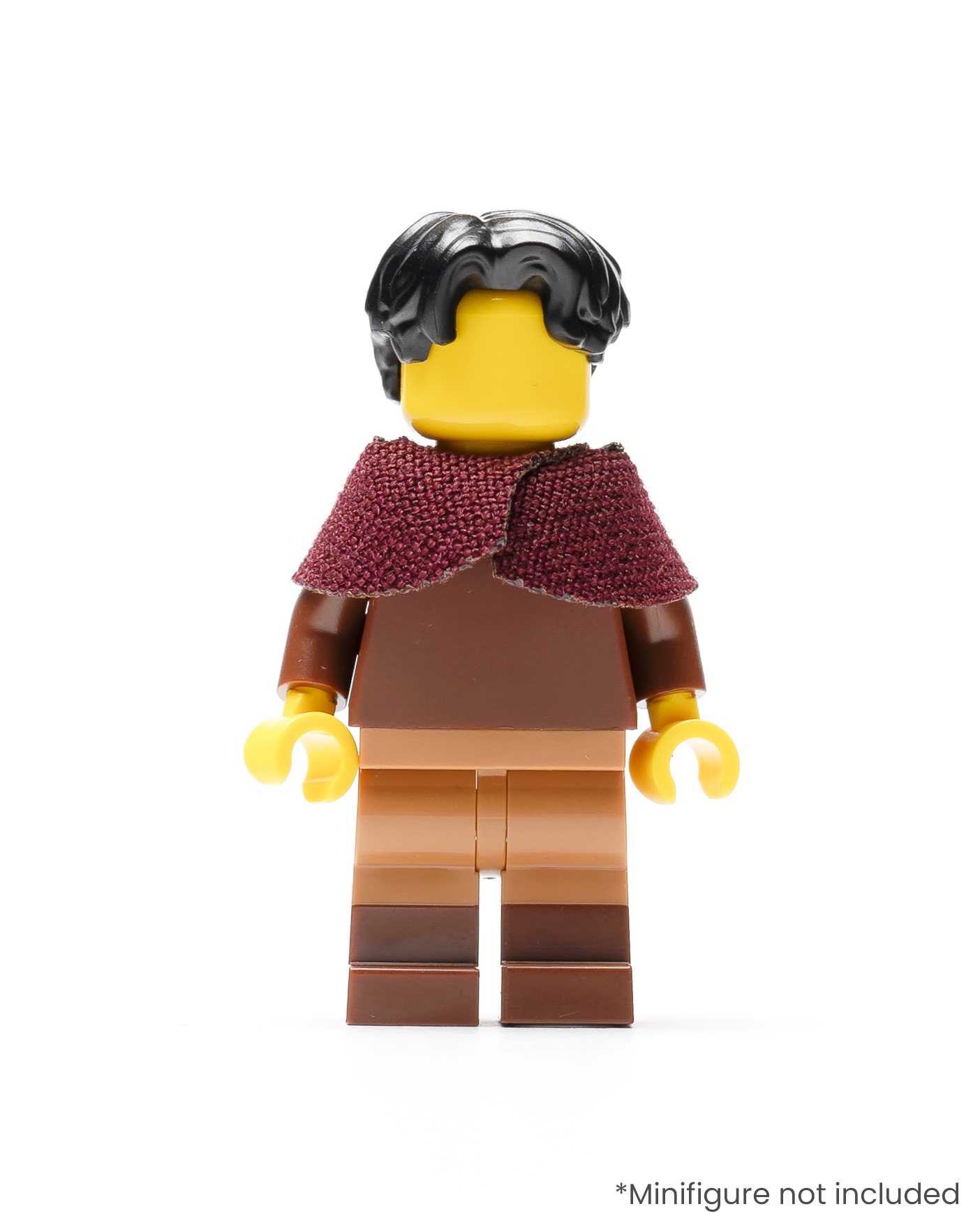 A LEGO minifigure wearing a dark red shoulder cape