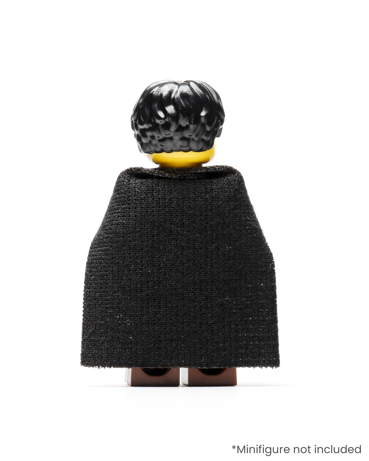 A rear view of a LEGO minifigure wearing a black cloak
