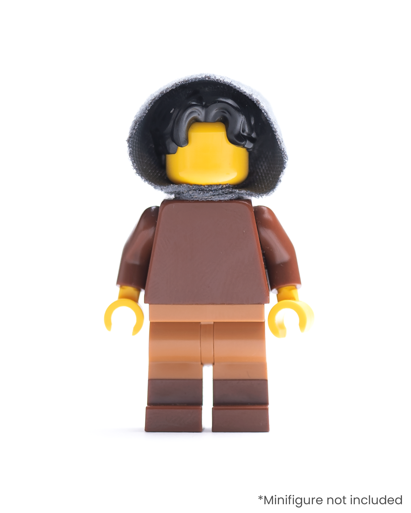 LEGO minifigure wearing a dark gray hood on a white background