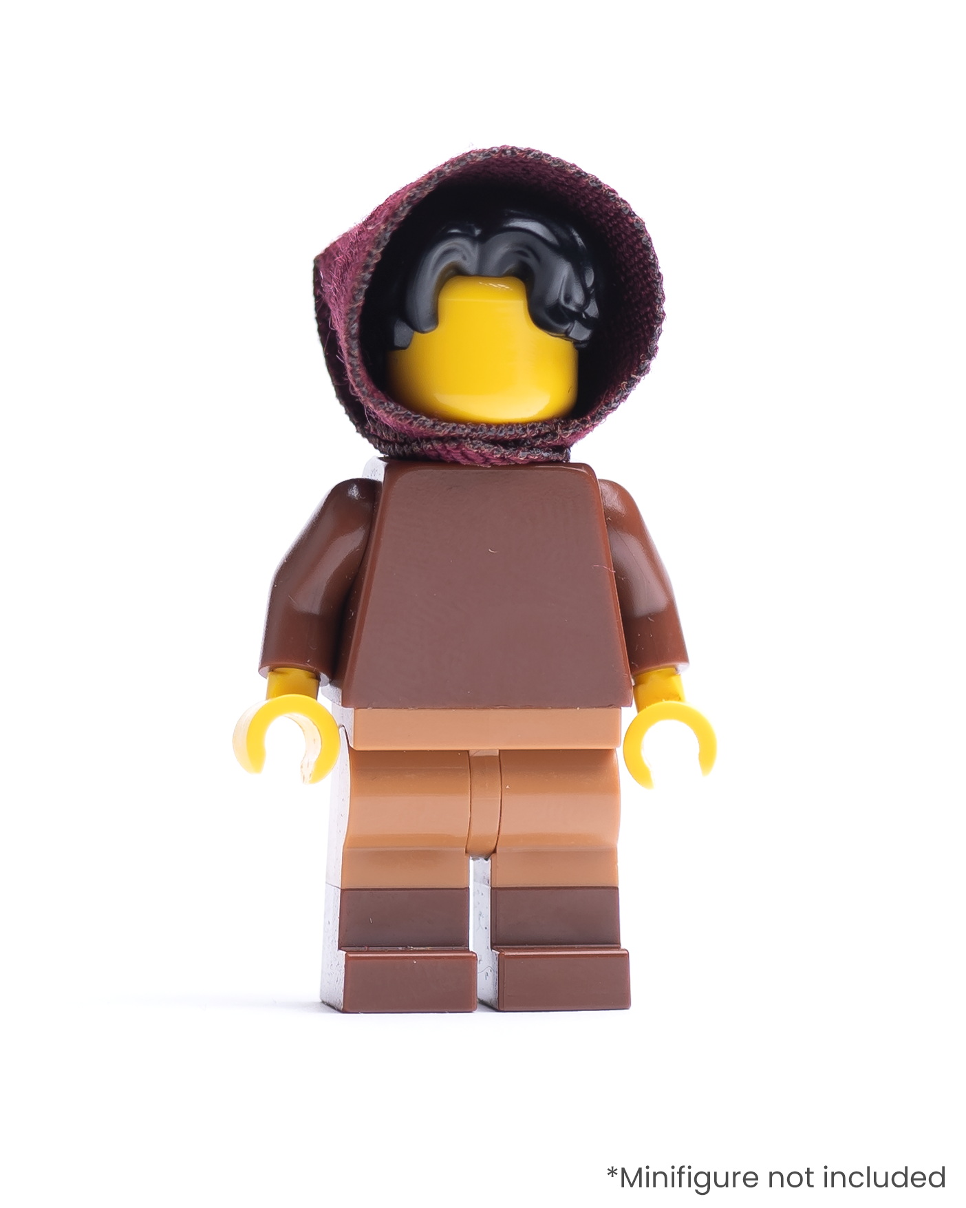 LEGO minifigure wearing a dark red hood on a white background