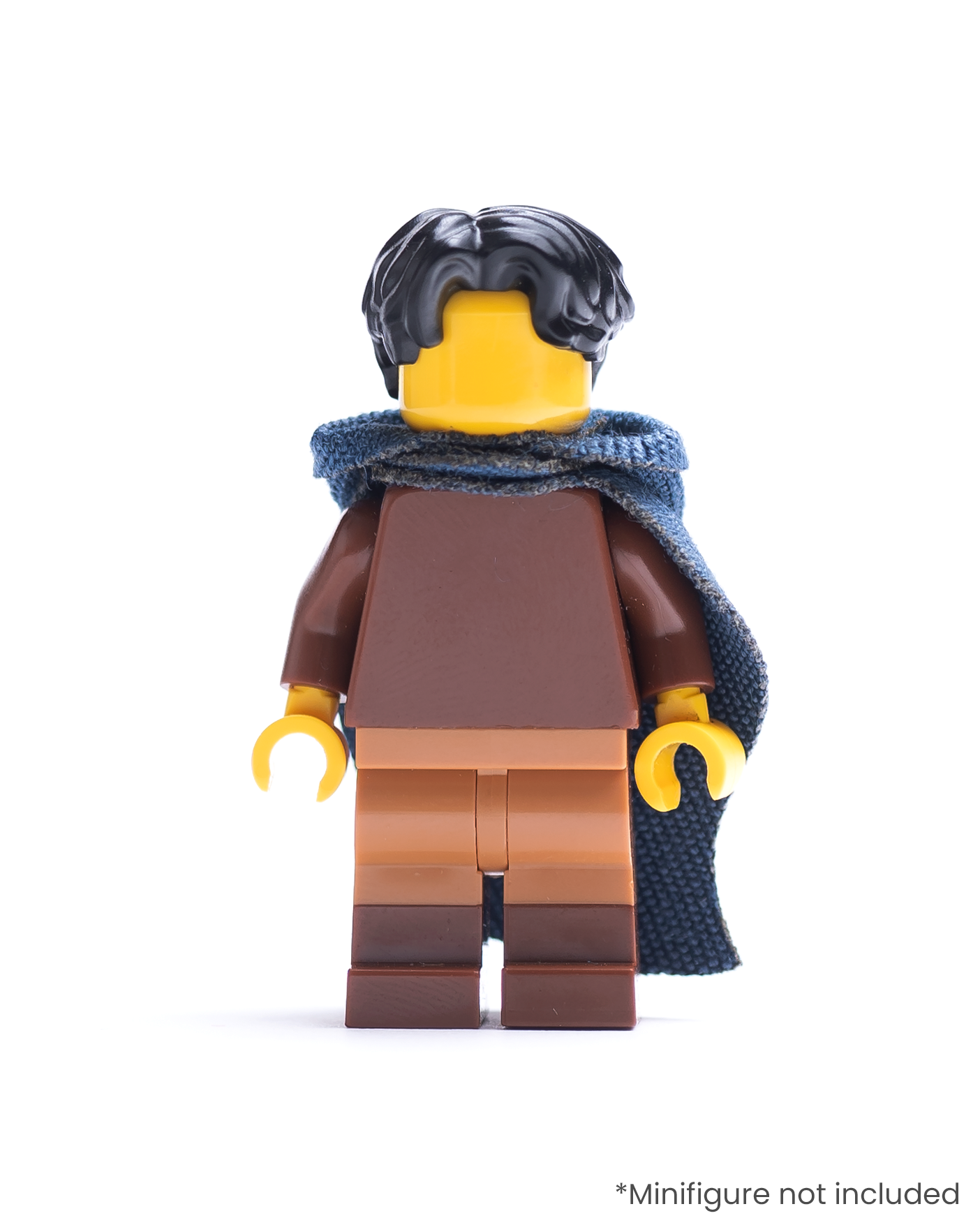 LEGO minifigure with brown outfit and blue hood and cape on a white background