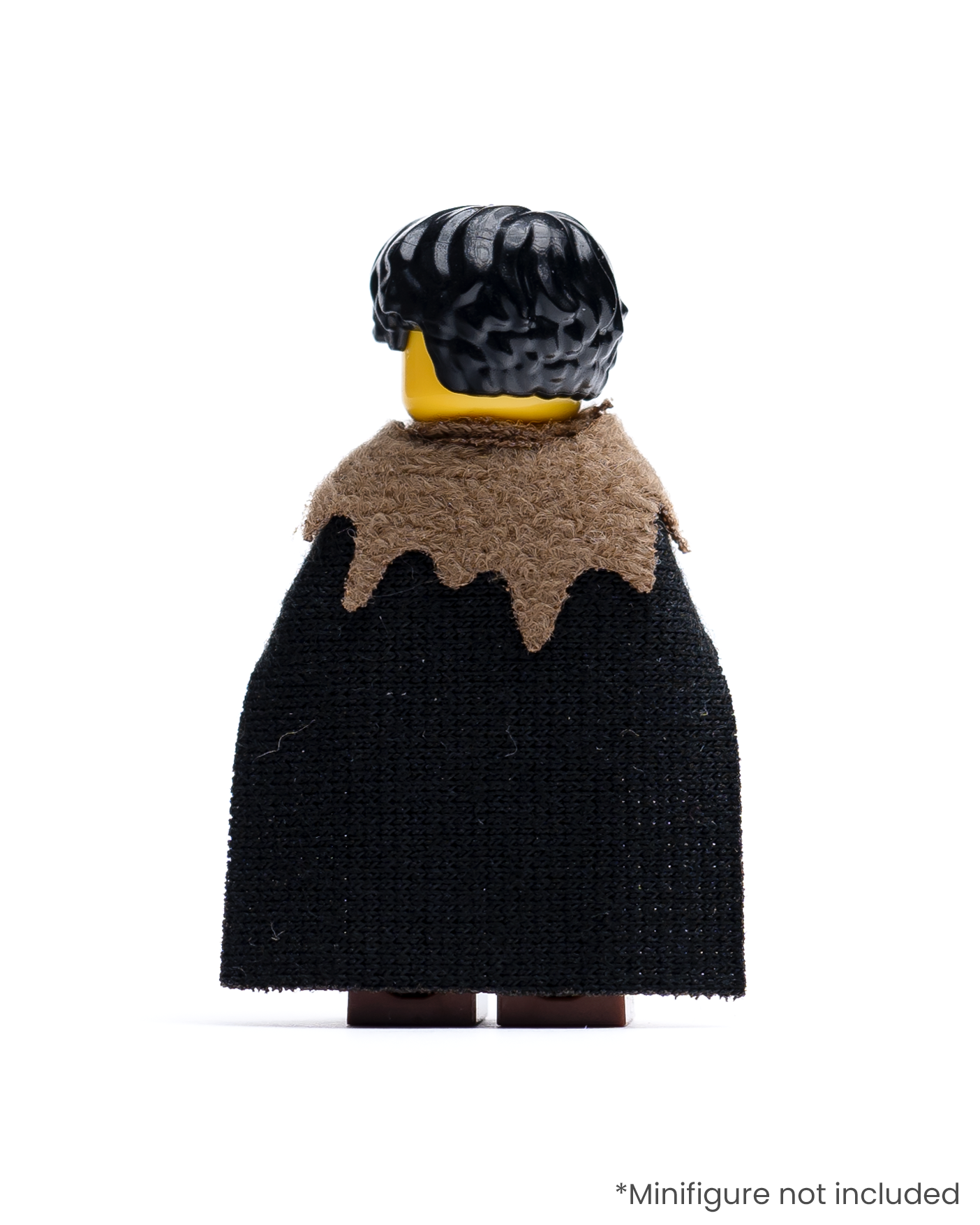 Rear view of LEGO minifigure with a black cloak and fur collar on a white background