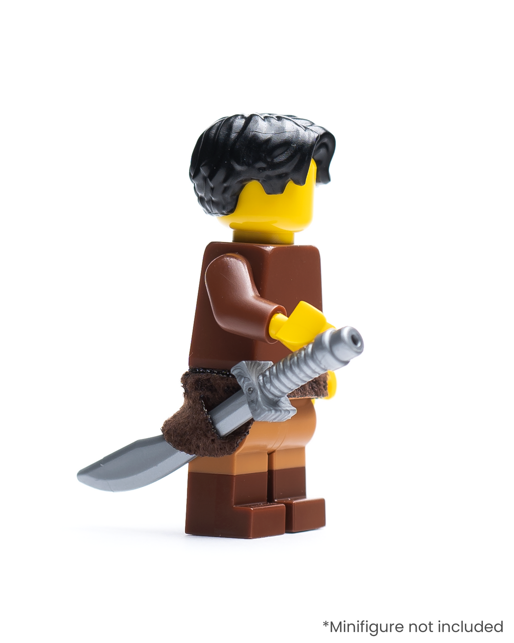 Side view of LEGO minifigure wearing a belt with a scabbard and sword