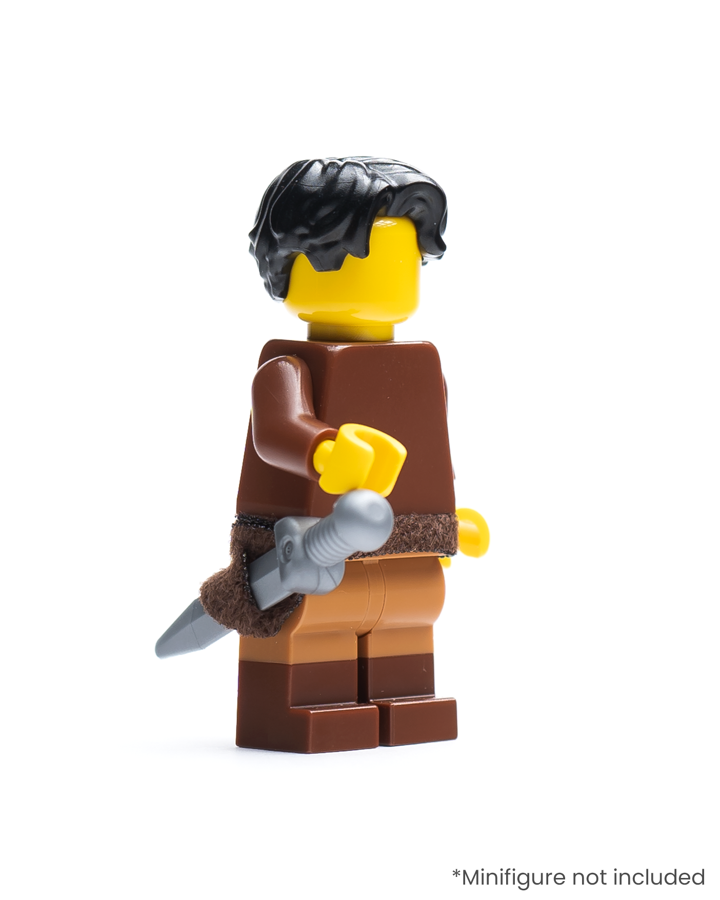 LEGO minifigure wearing a belt with a scabbard and sword against a white background