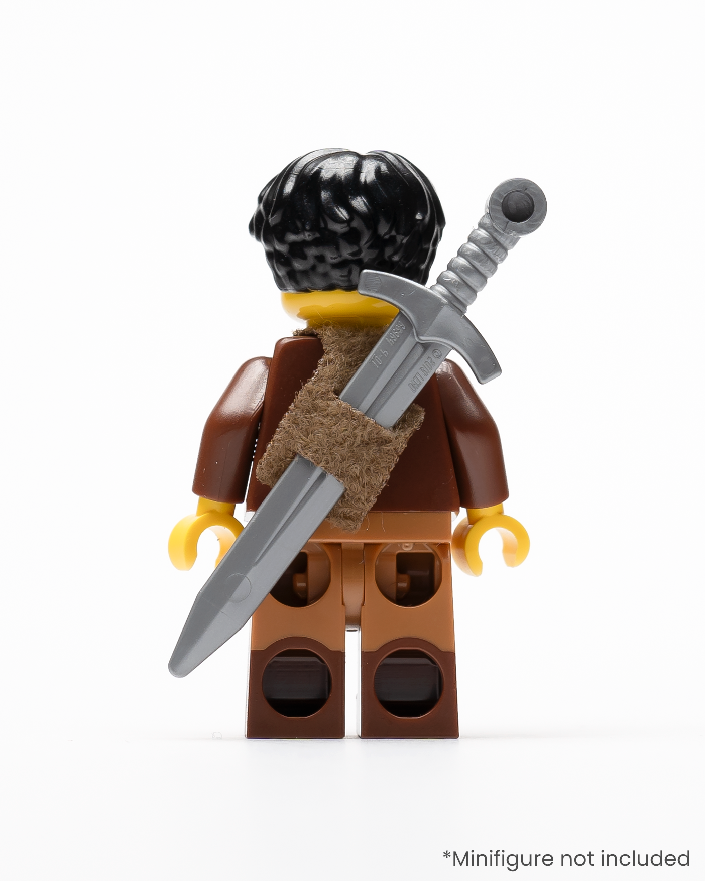 A rear view of a LEGO minifigure wearing a sword in a sheath on its back