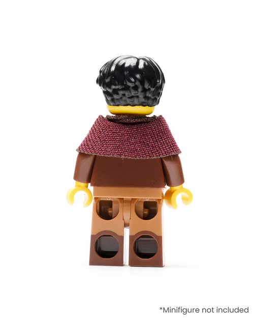 A rear view of a LEGO minifigure wearing a dark red shoulder cape