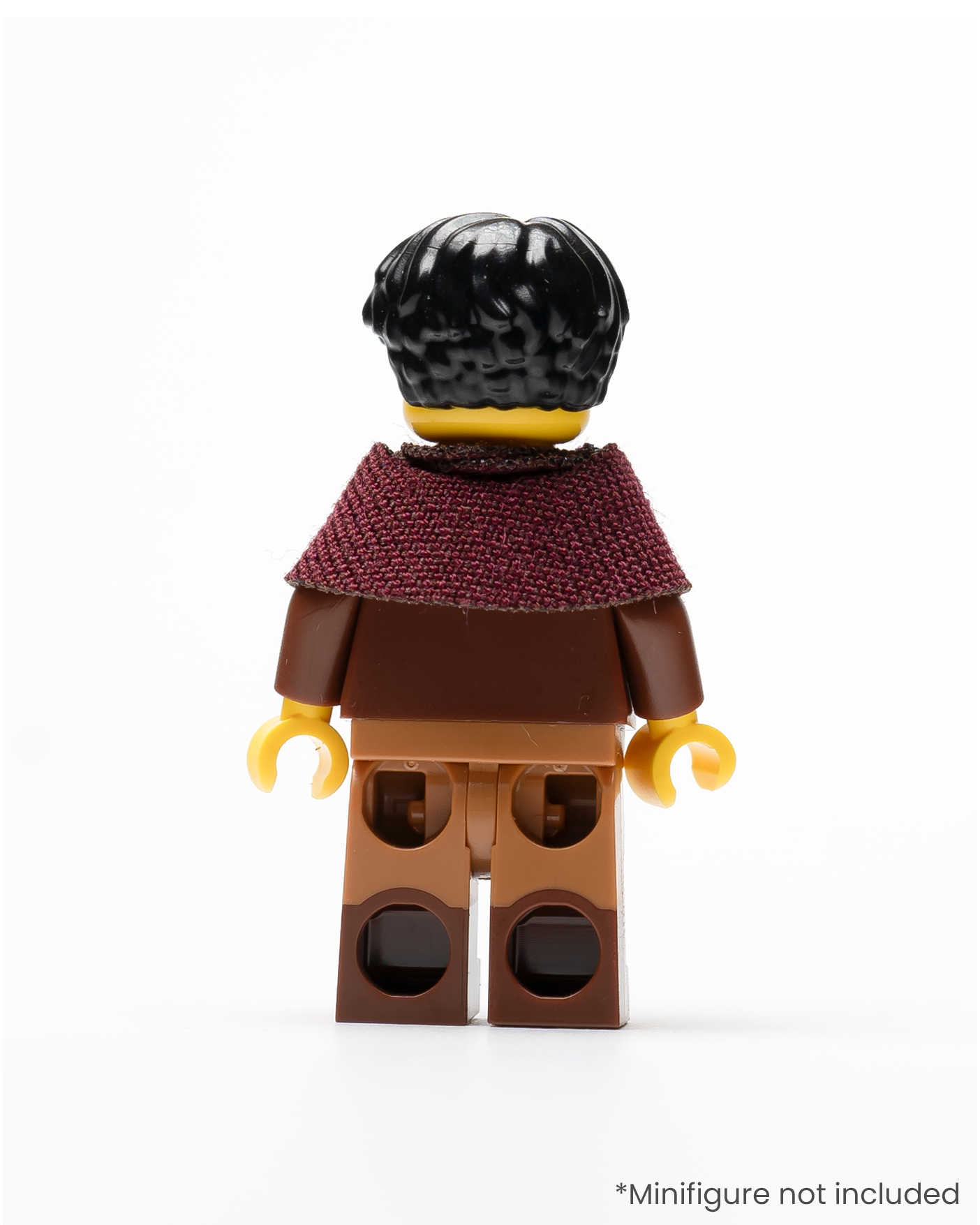 A rear view of a LEGO minifigure wearing a dark red shoulder cape
