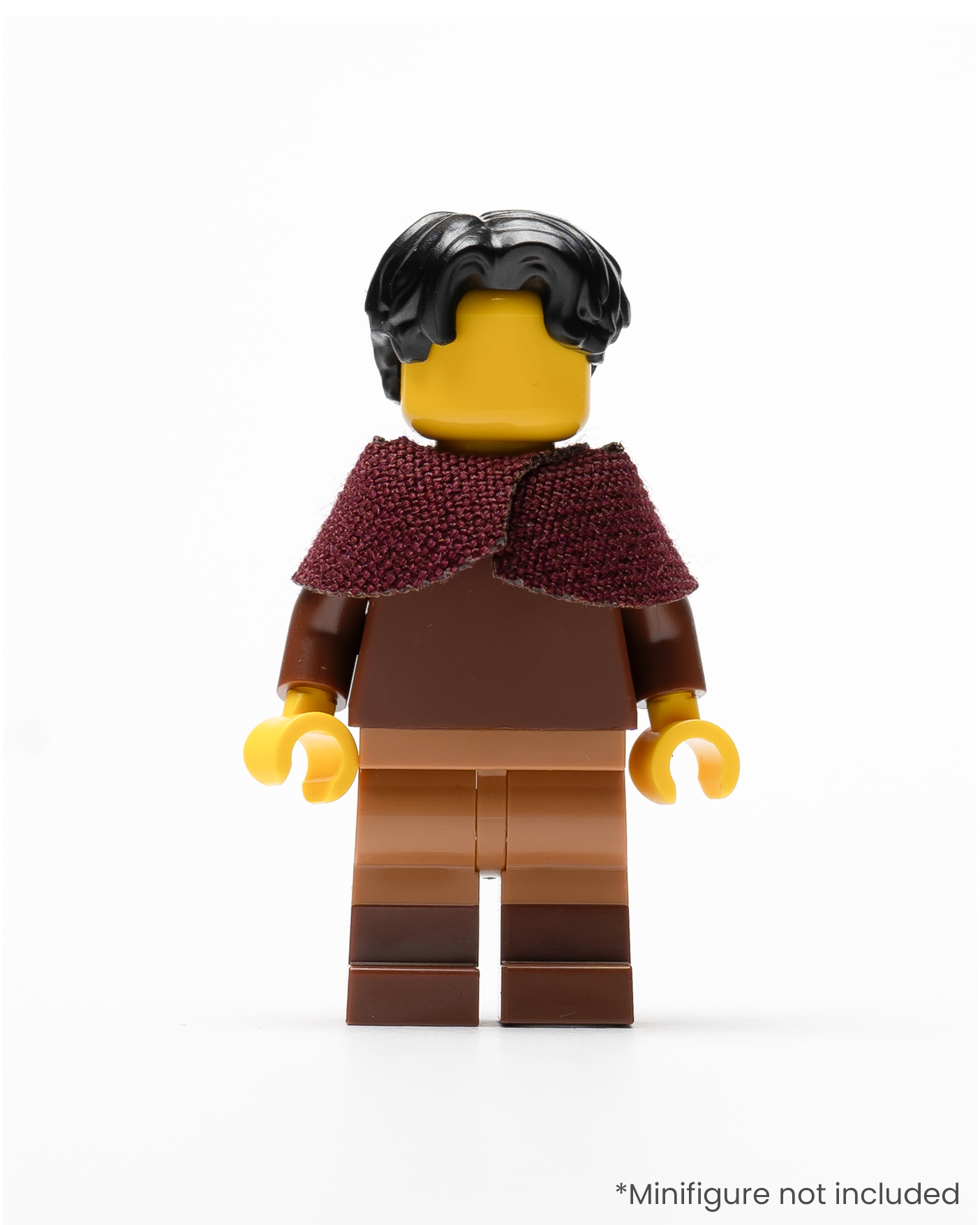 A LEGO minifigure wearing a dark red shoulder cape