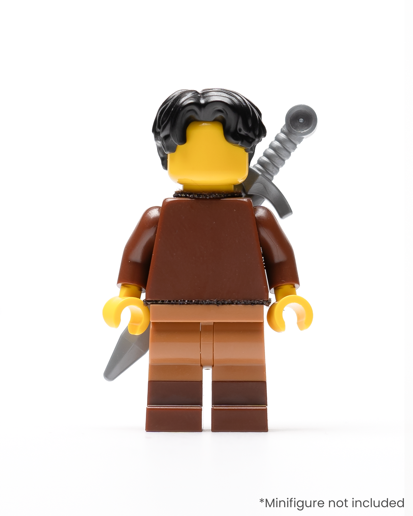 A LEGO minifigure wearing a sword in a sheath on its back
