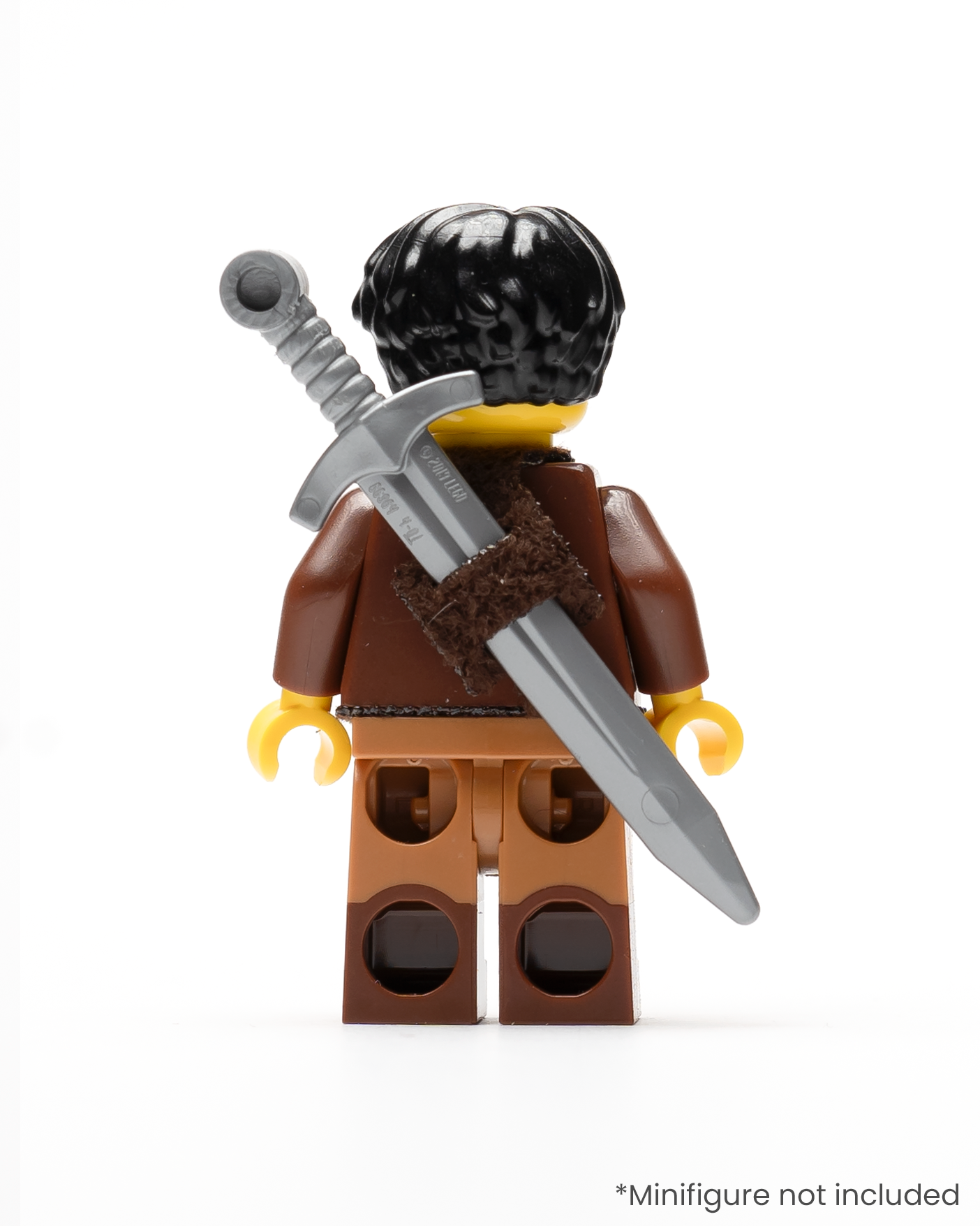 A rear view of a LEGO minifigure wearing a sword in a sheath on its back