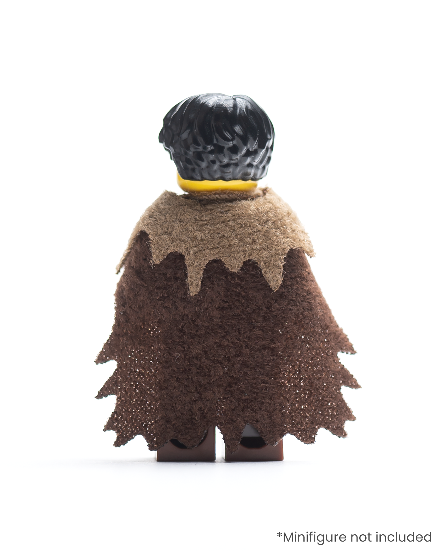 Rear view of LEGO minifigure with a tattered cloak and fur collar on a white background