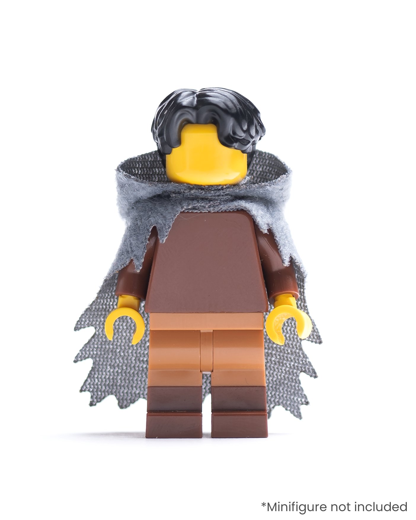 LEGO minifigure wearing a dark gray hood and tattered cape on a white background