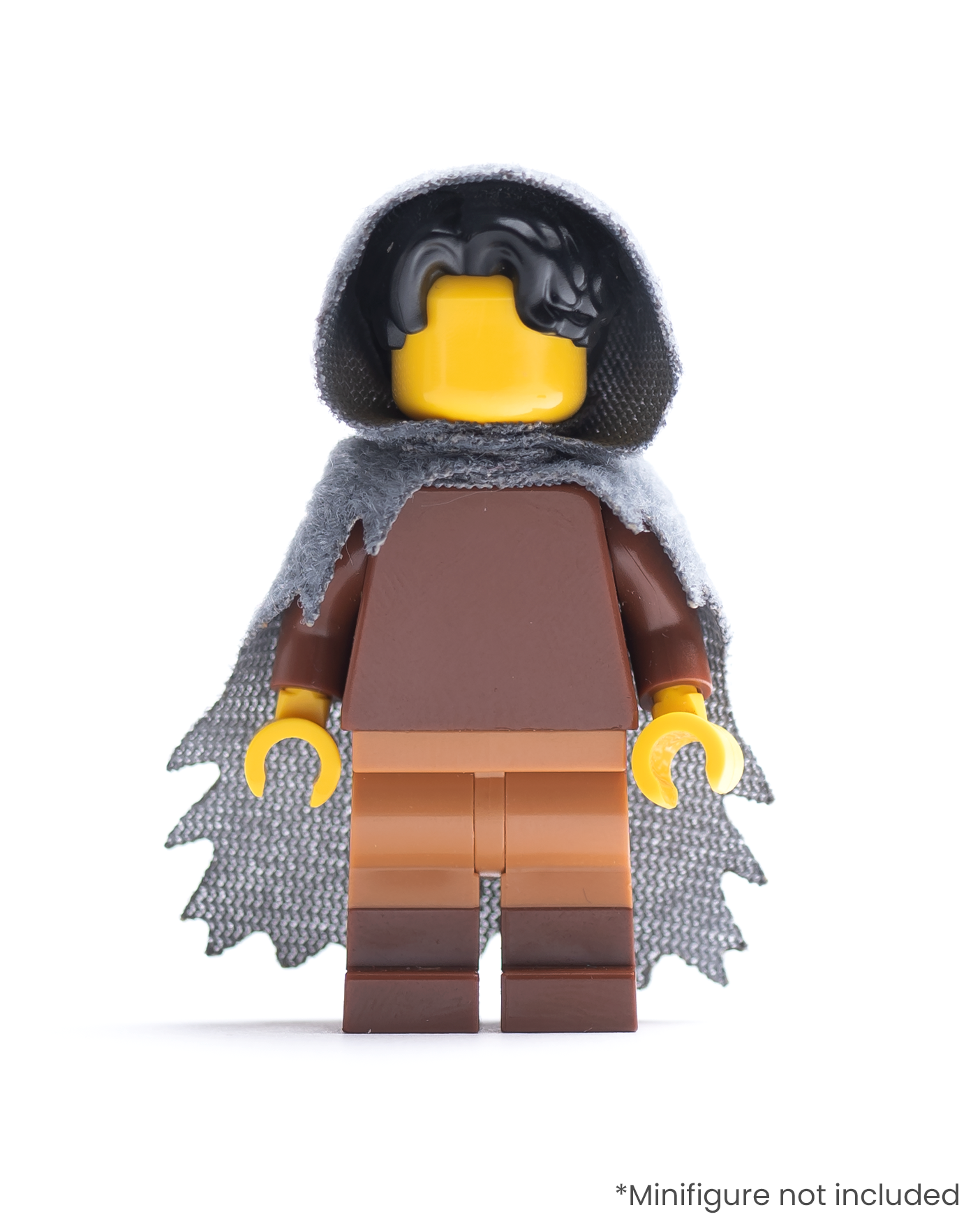 LEGO minifigure wearing a dark gray hood and tattered cape on a white background