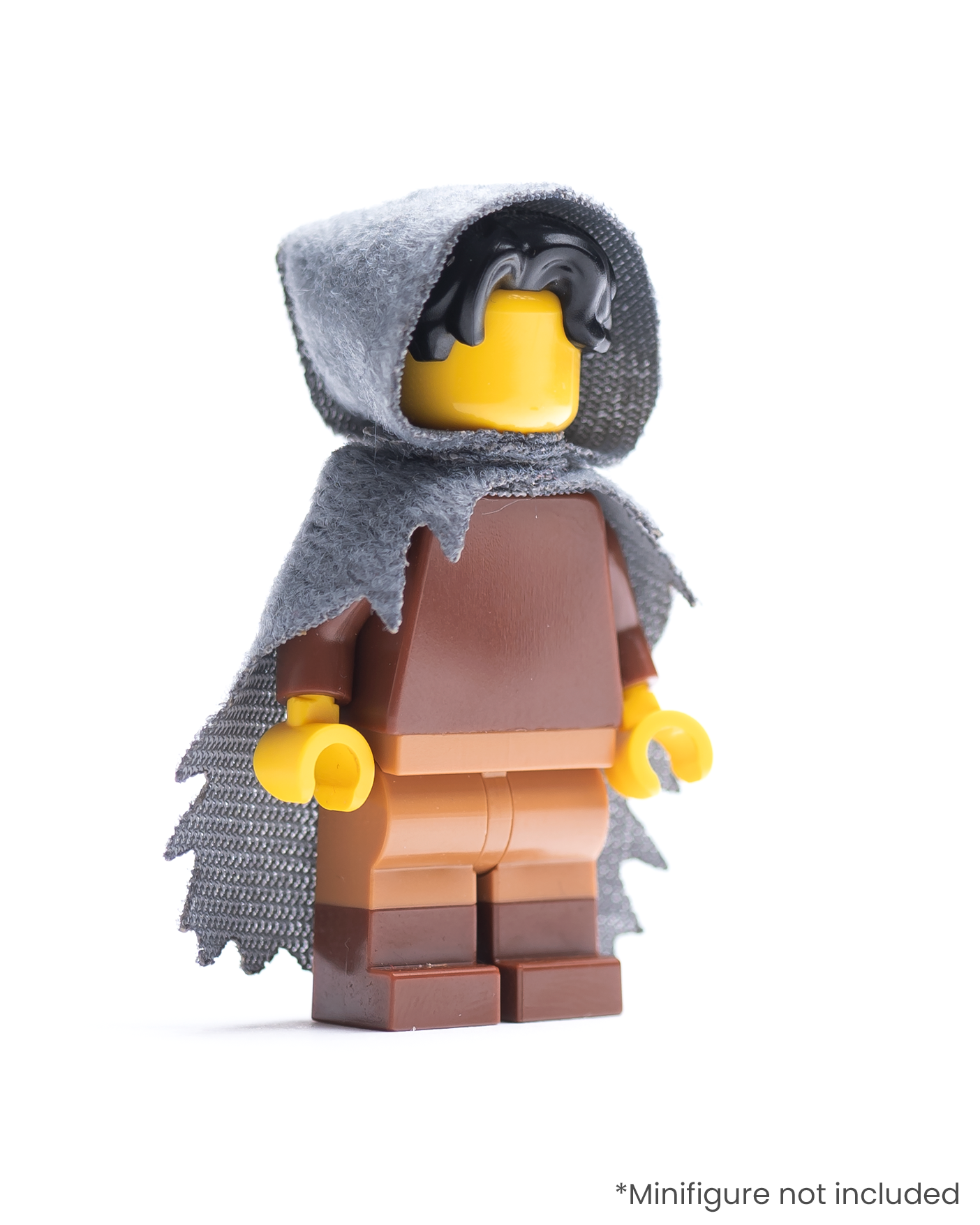 LEGO minifigure wearing a dark gray hood and tattered cape on a white background