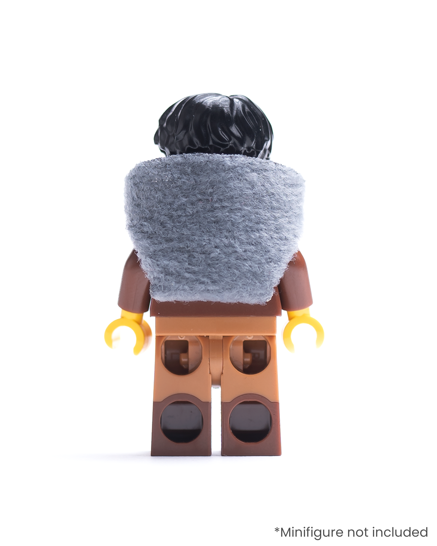 Rear view of LEGO minifigure wearing a dark gray hood on a white background