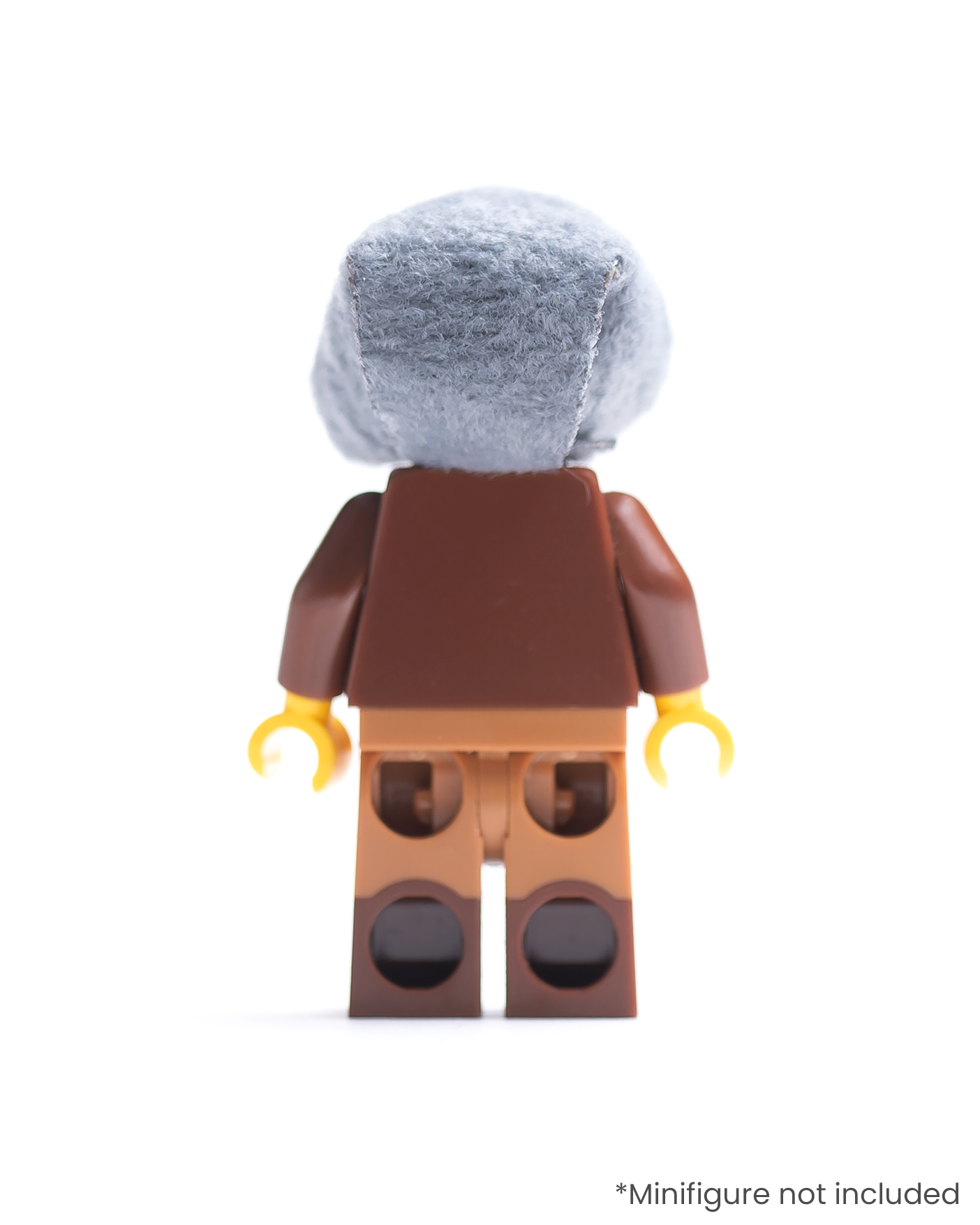 Rear view of LEGO minifigure wearing a dark gray hood on a white background