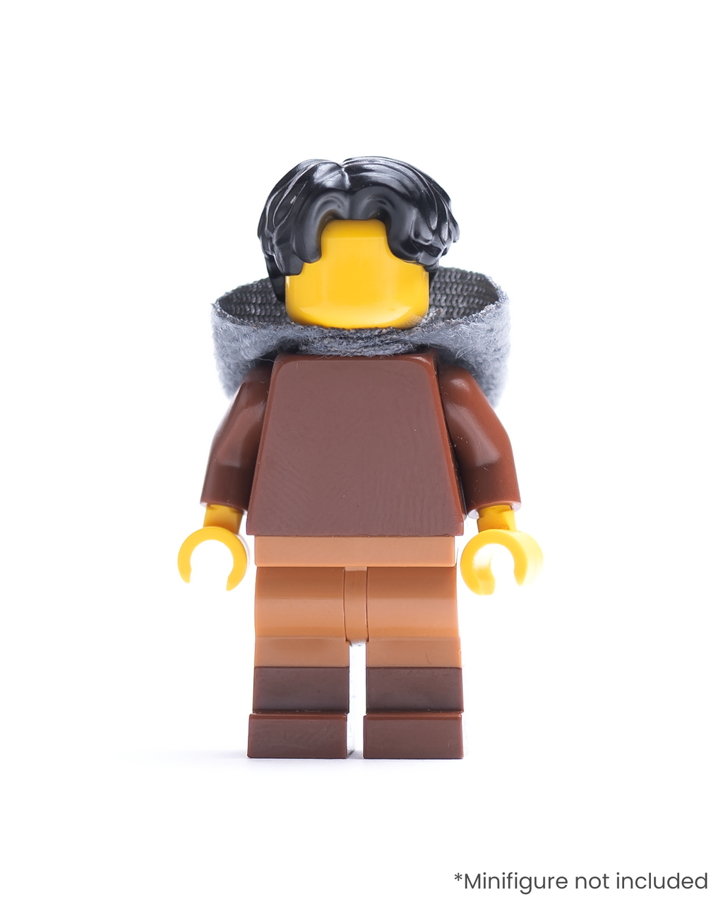 LEGO minifigure wearing a dark gray hood on a white background