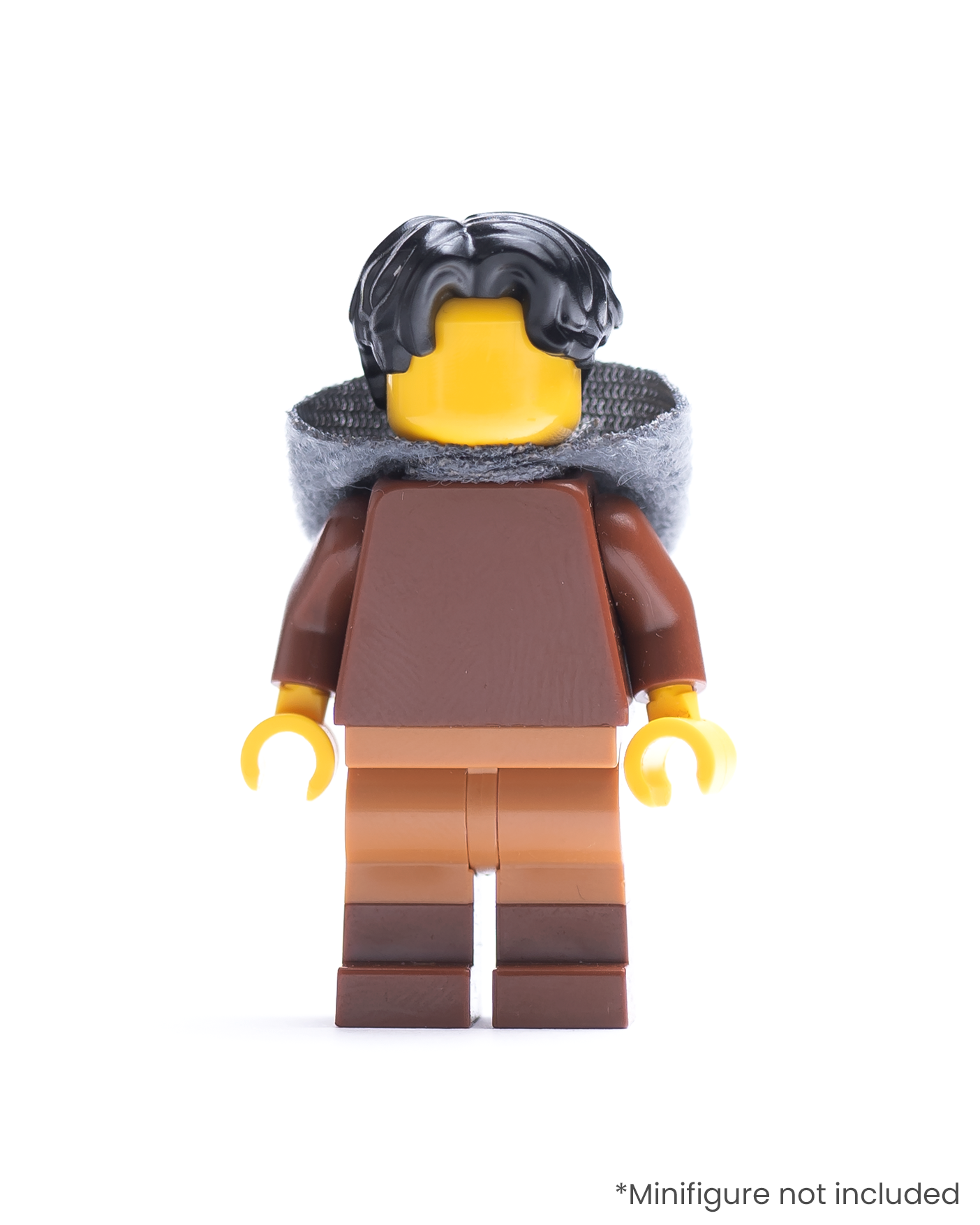 LEGO minifigure wearing a dark gray hood on a white background
