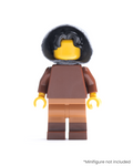 LEGO minifigure wearing a dark gray hood on a white background