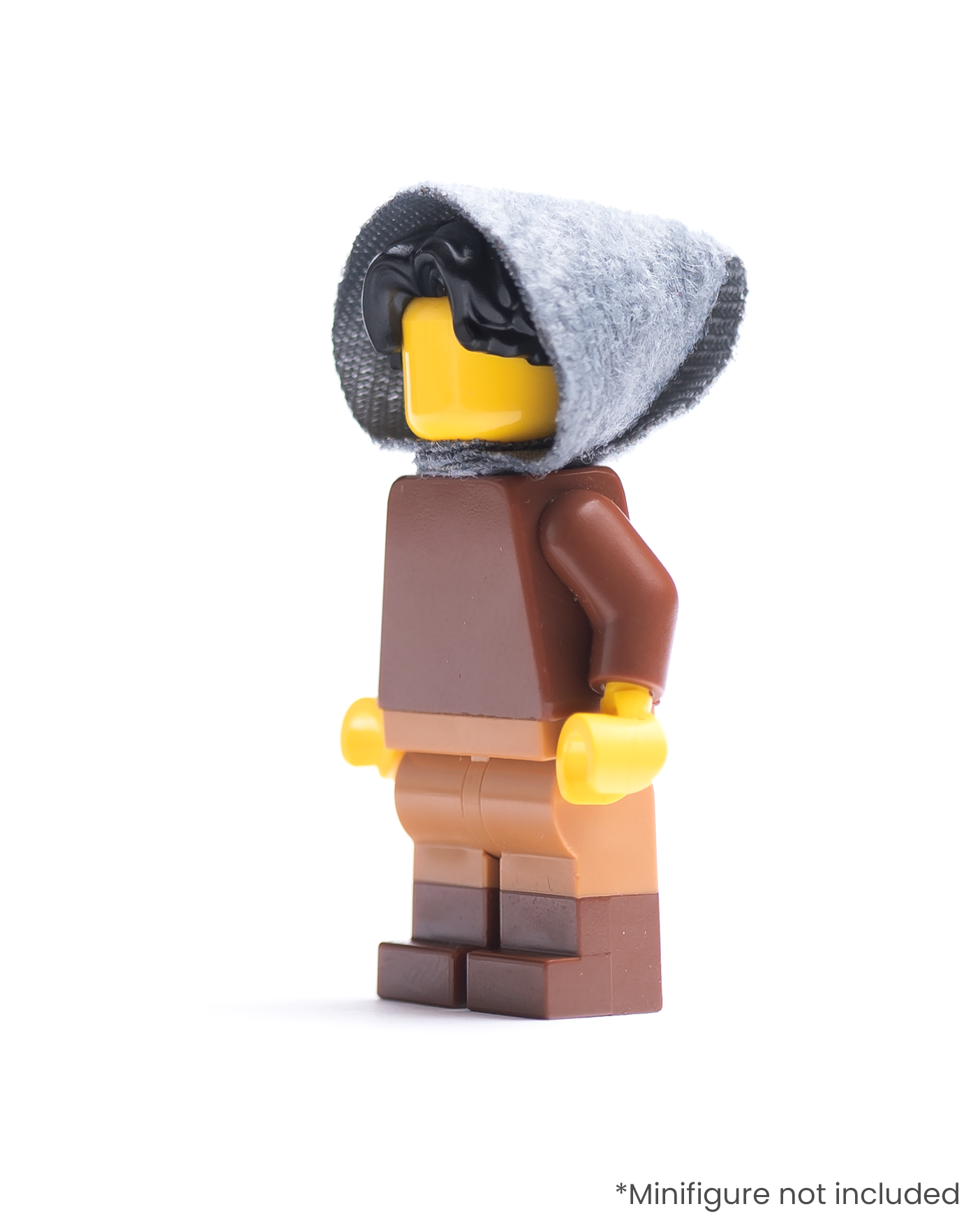 LEGO minifigure wearing a dark gray hood on a white background
