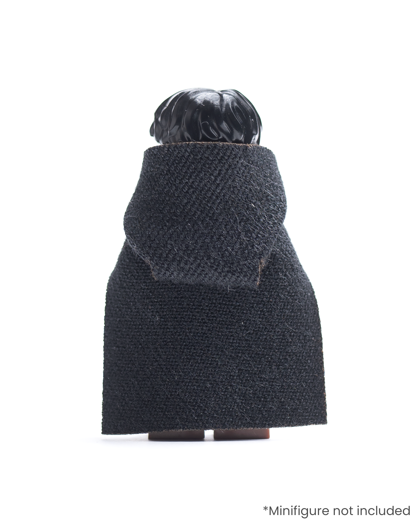 Rear view of LEGO minifigure wearing a black hood and cloak on a white background