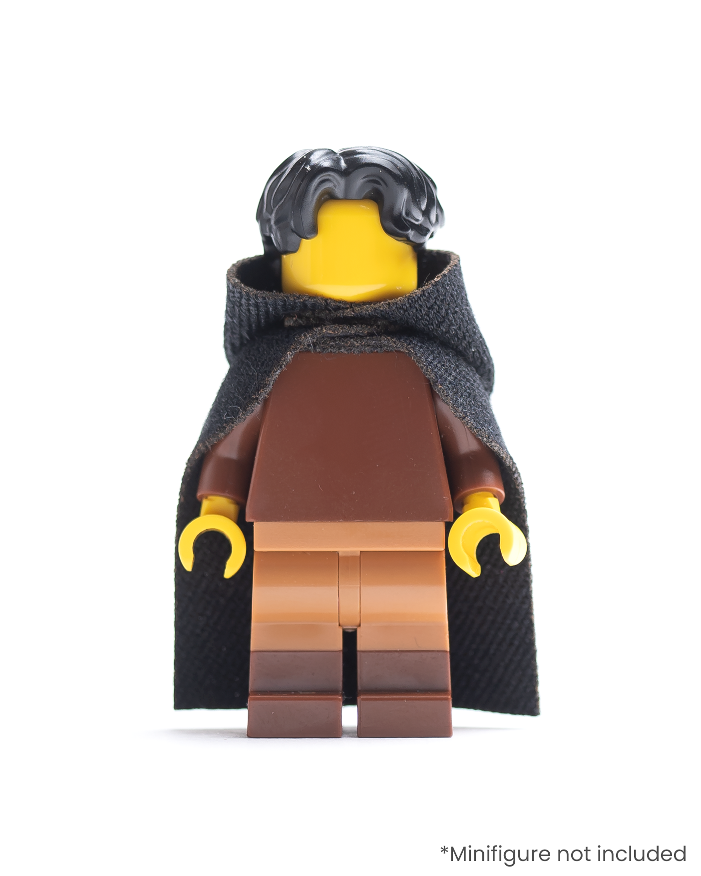 LEGO minifigure wearing a black hood and cloak on a white background