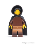 LEGO minifigure wearing a black hood and cloak on a white background