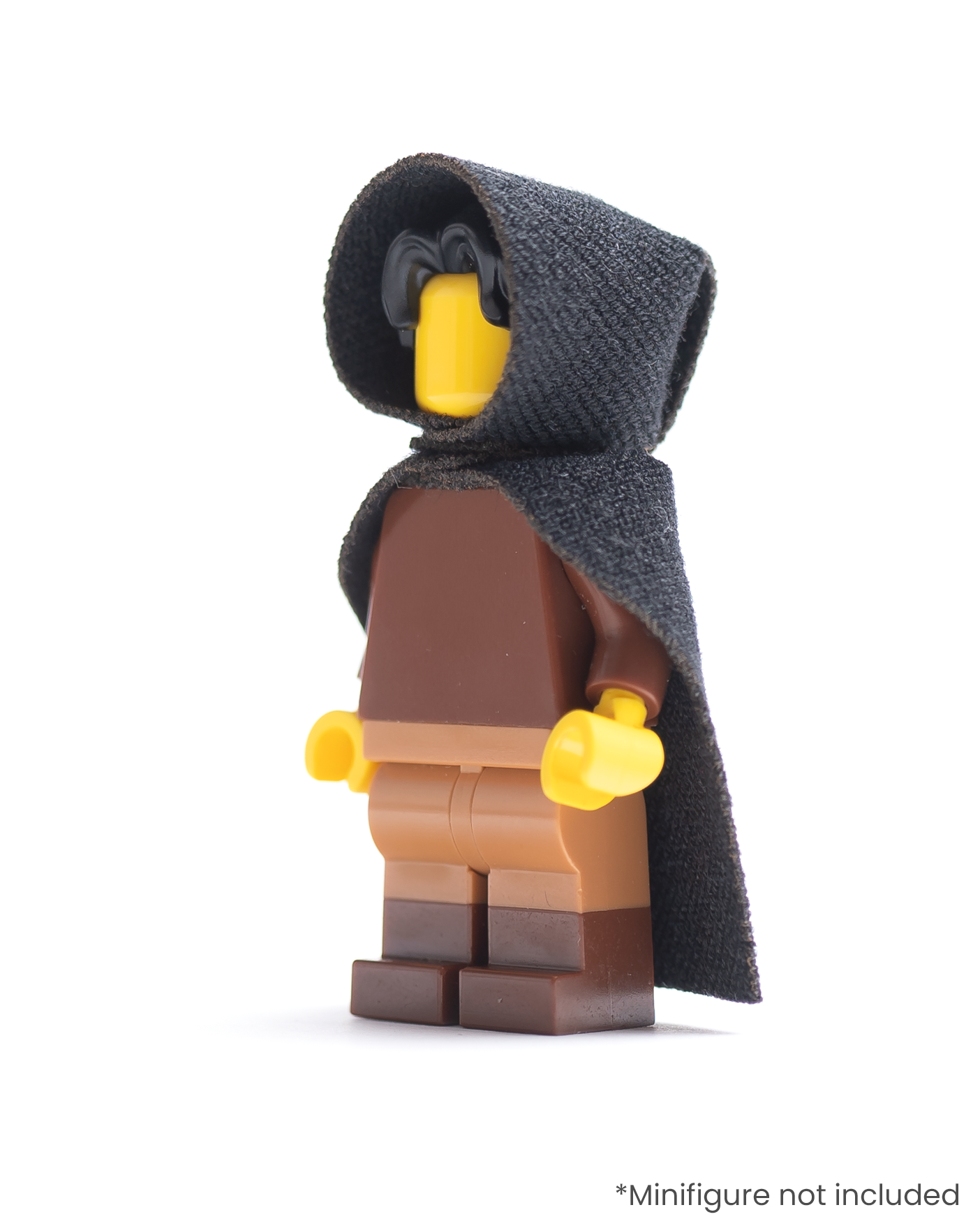 LEGO minifigure wearing a black hood and cloak on a white background