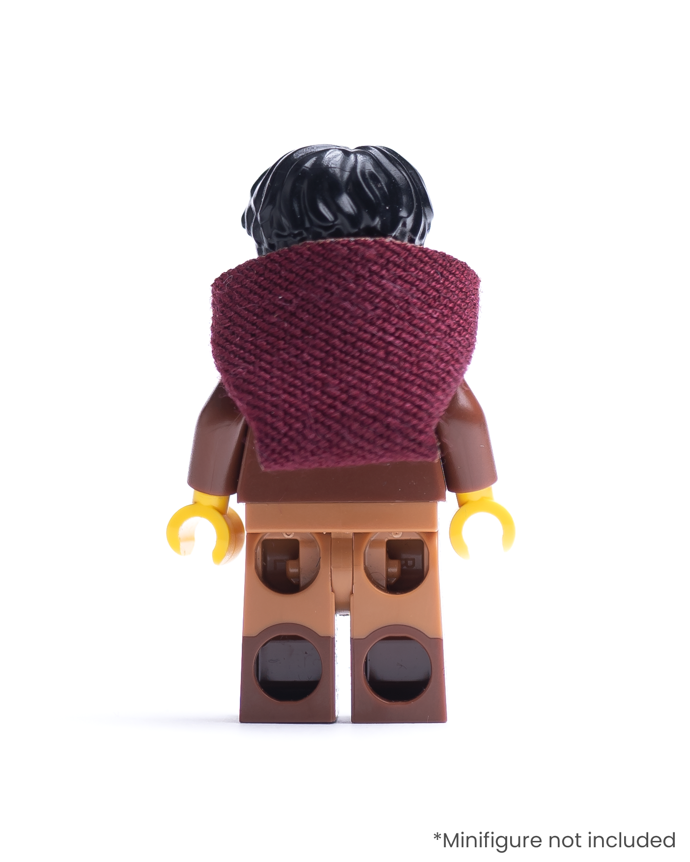 Rear view of LEGO minifigure wearing a dark red hood on a white background