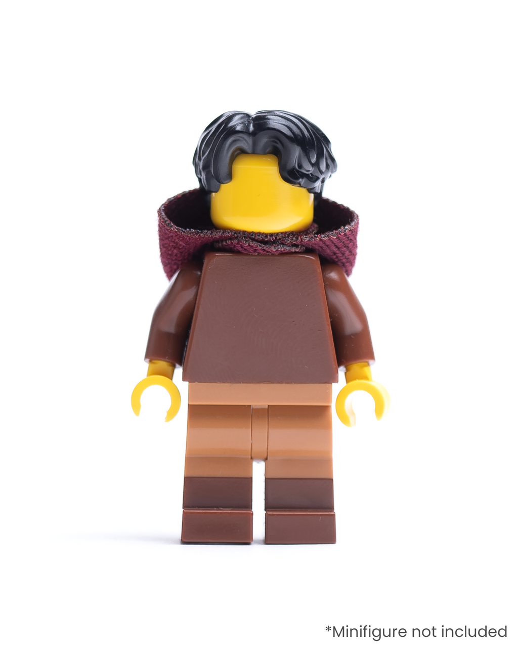 LEGO minifigure wearing a dark red hood on a white background