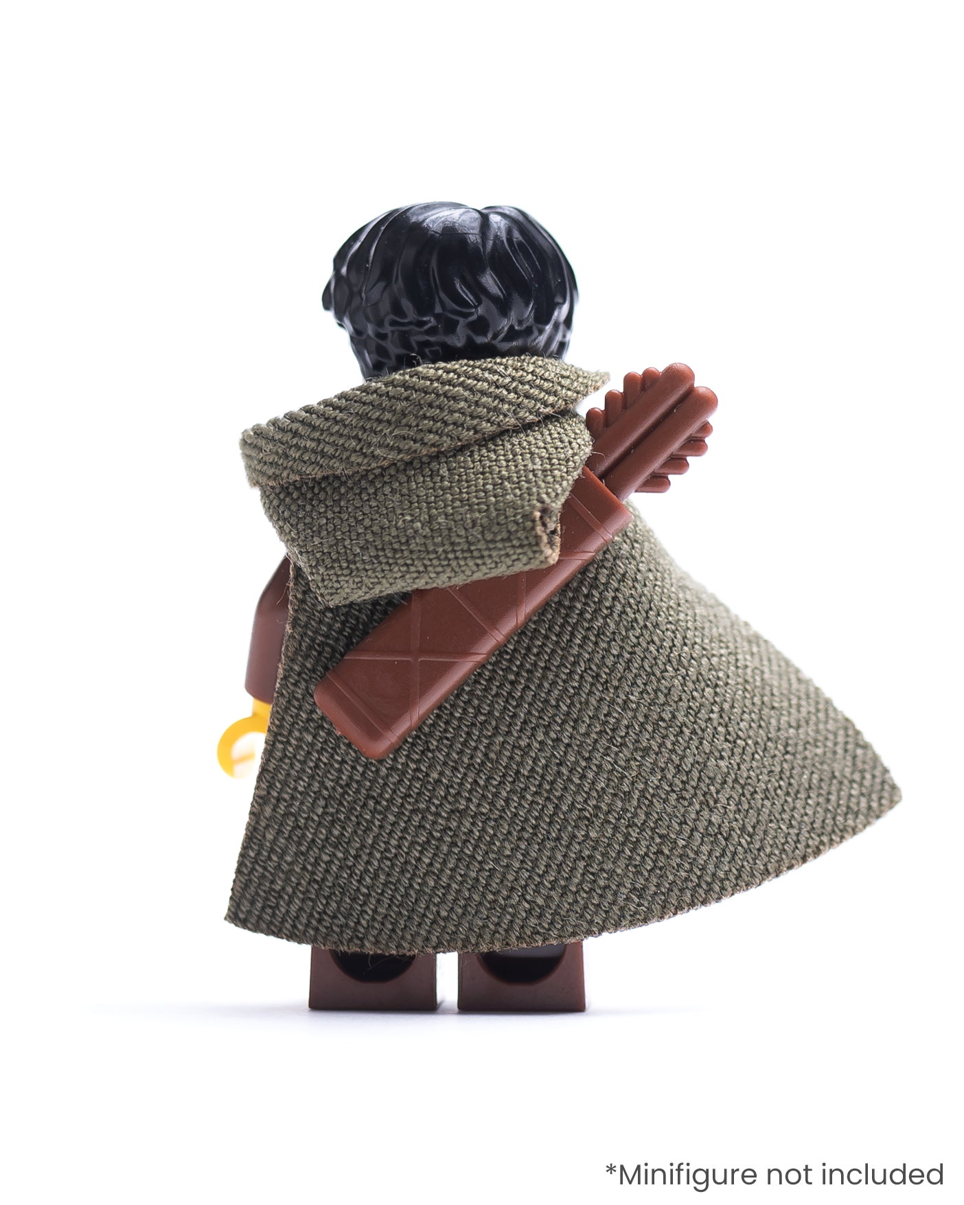 Rear view of LEGO minifigure wearing an olive green hood and cape with a quiver on a white background