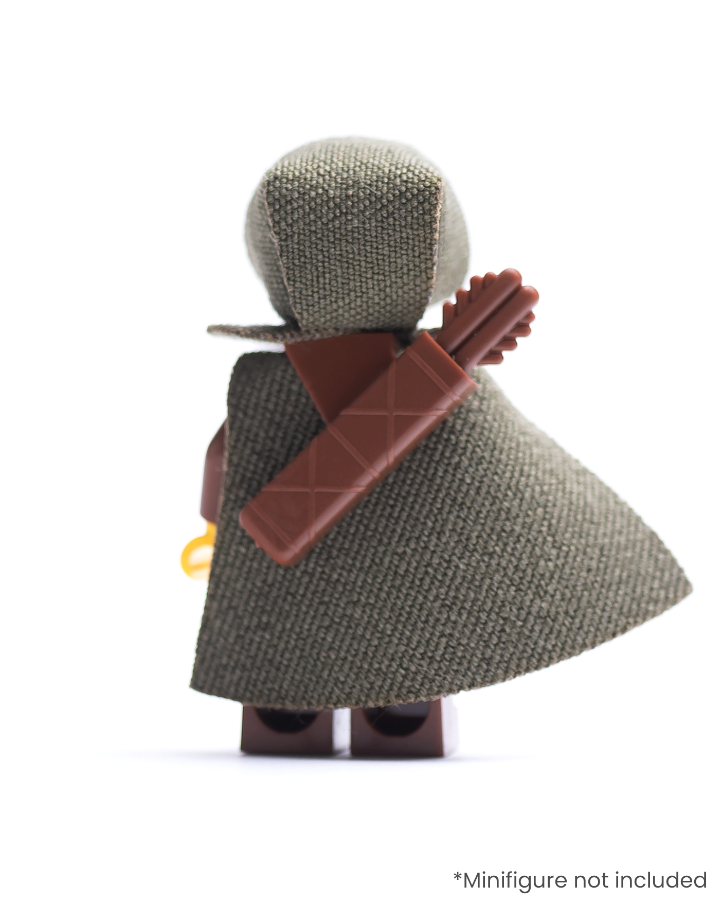 Rear view of LEGO minifigure wearing an olive green hood and cape with a quiver on a white background