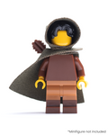 LEGO minifigure wearing an olive green hood and cape with a quiver on a white background