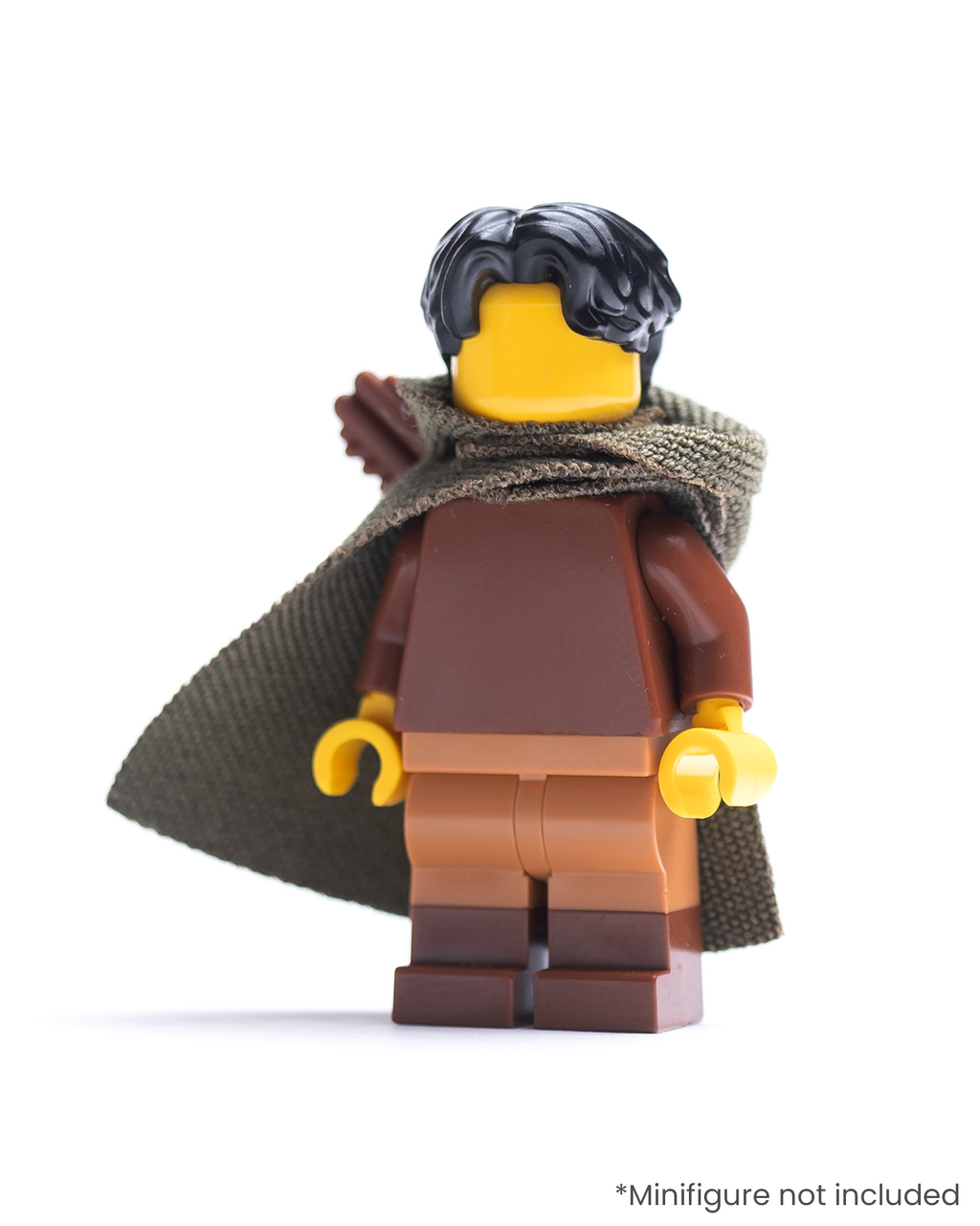 LEGO minifigure wearing an olive green hood and cape with a quiver on a white background