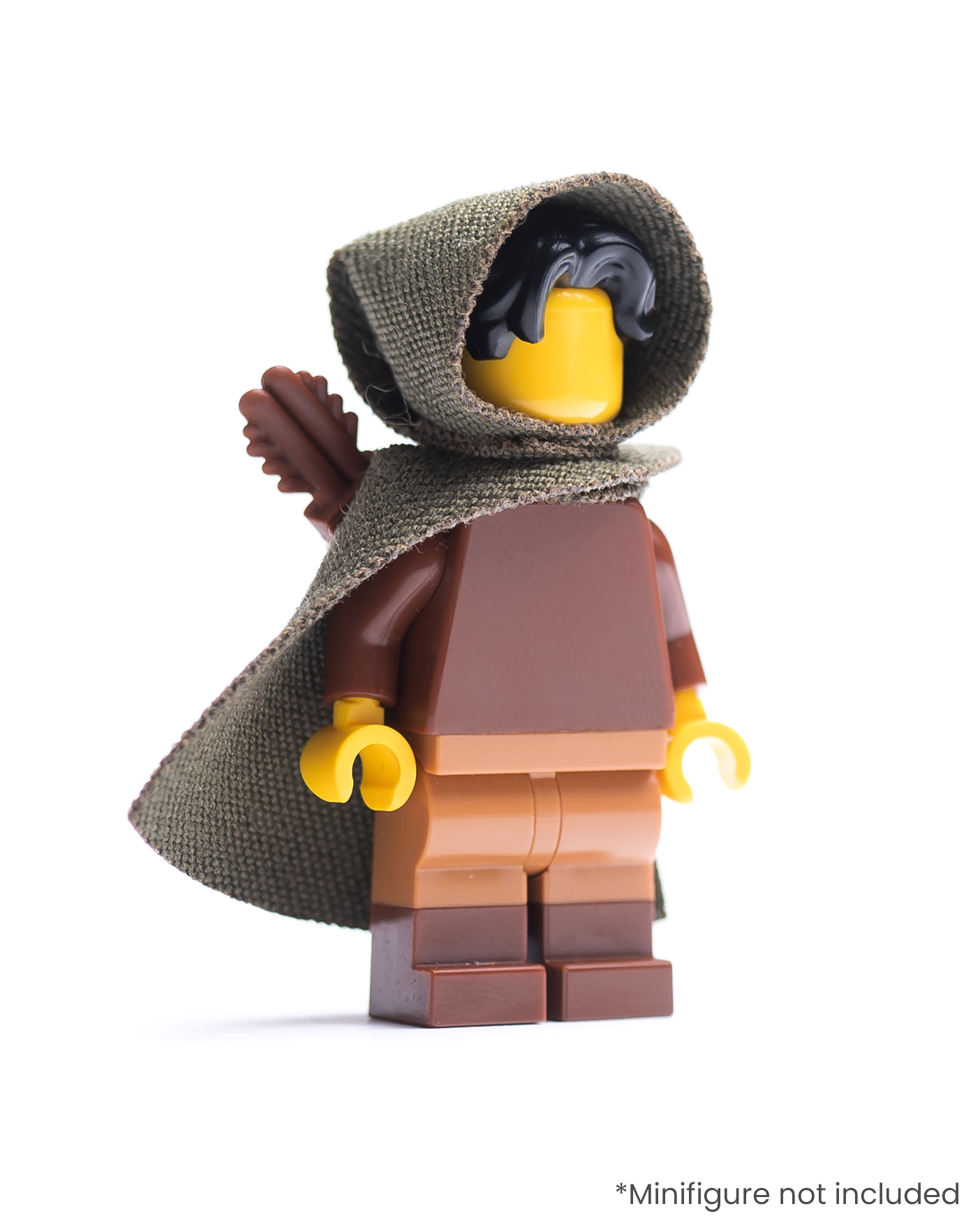 LEGO minifigure wearing an olive green hood and cape with a quiver on a white background