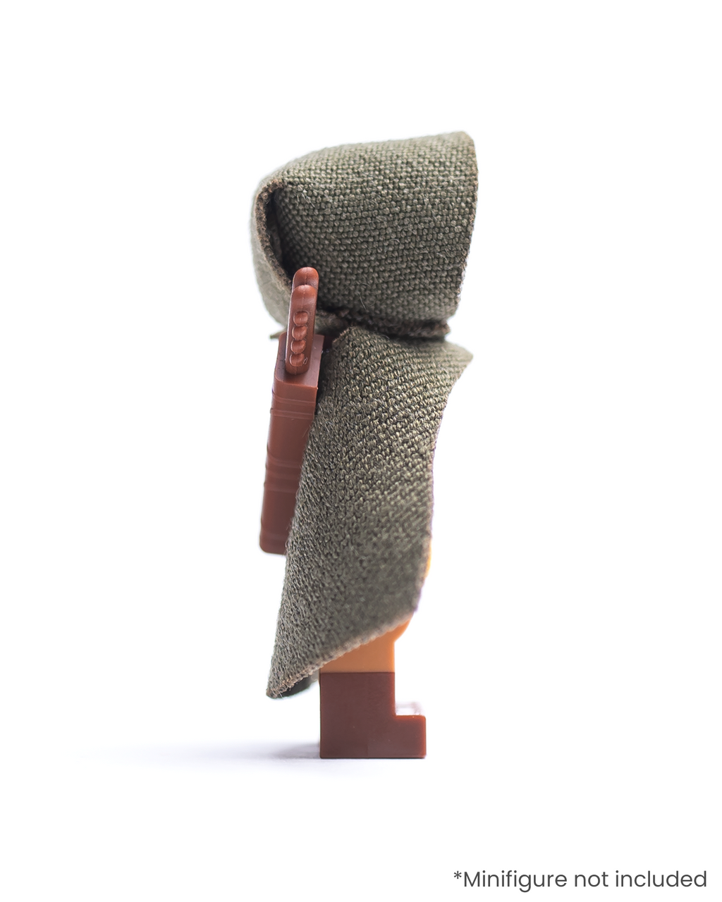 Side view of LEGO minifigure wearing an olive green hood and cape with a quiver on a white background