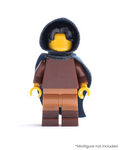 LEGO minifigure with brown outfit and blue hood and cape on a white background
