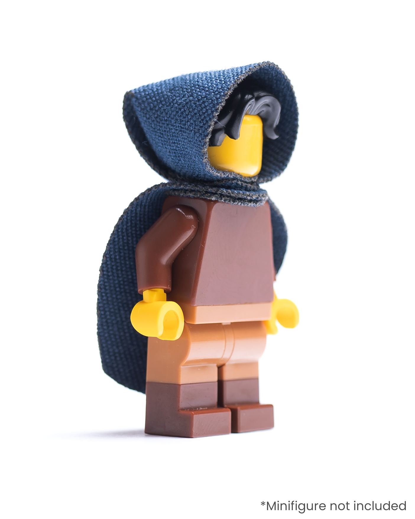 LEGO minifigure with a dark blue hood and cape and brown body on a white background