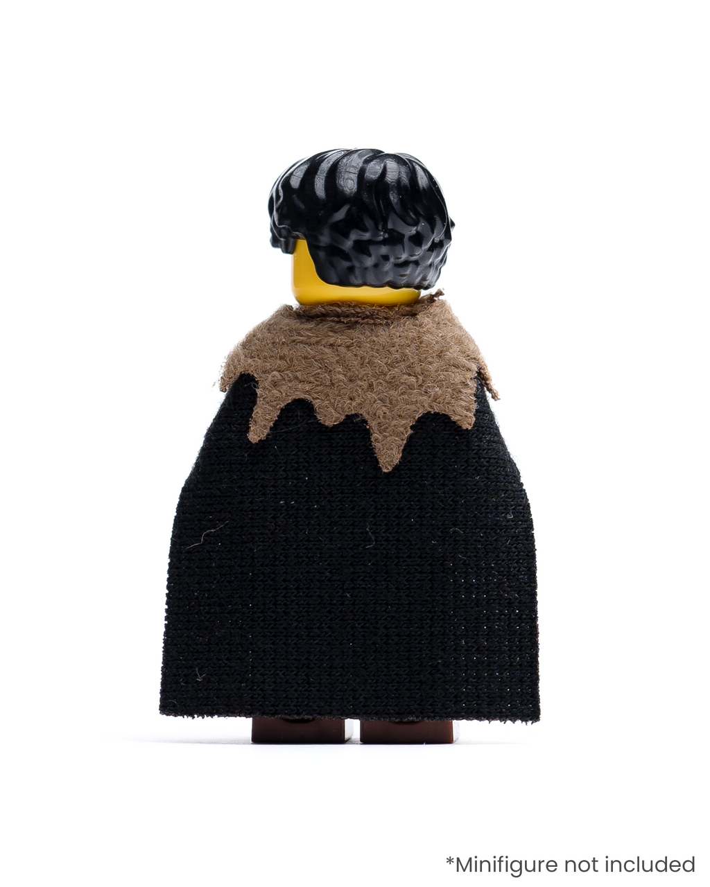 Rear view of LEGO minifigure with a black cloak and fur collar on a white background