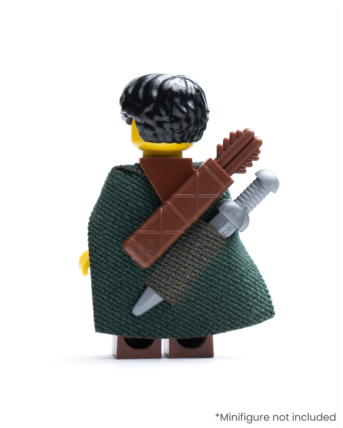 LEGO minifigure wearing a green cloak, brown quiver, and sword on its back against a white background