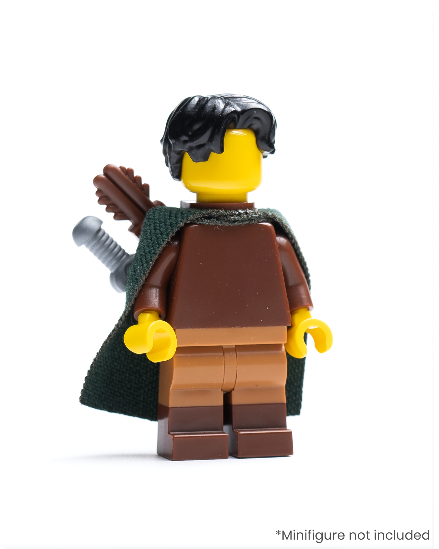 LEGO minifigure wearing a dark green cape with a brown quiver and sword on its back against a white background